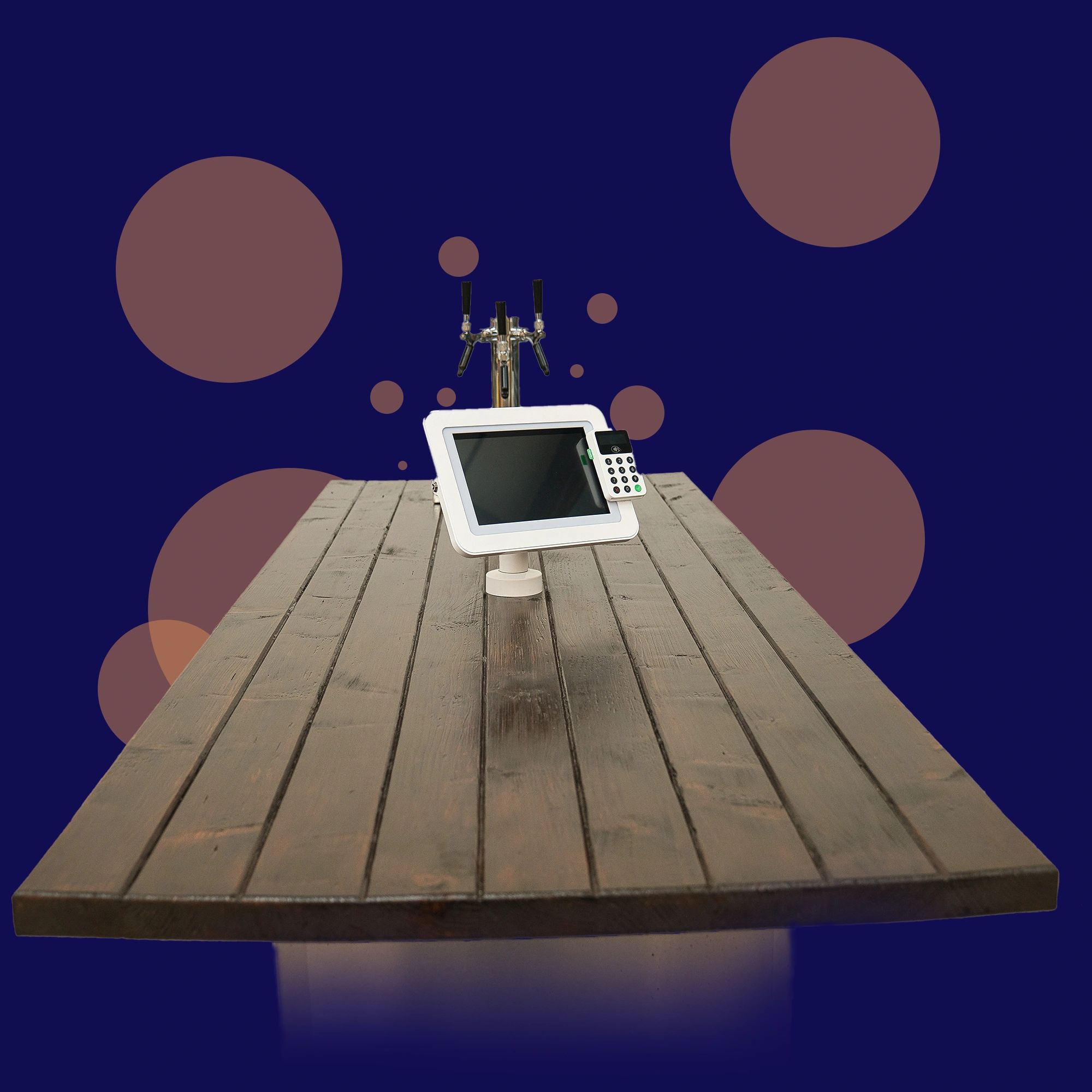 A self pour drinks table with a tablet, card reader and a three headed tap