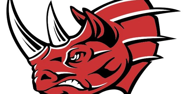 Red rhinoceros head logo with fierce expression and prominent horns.
