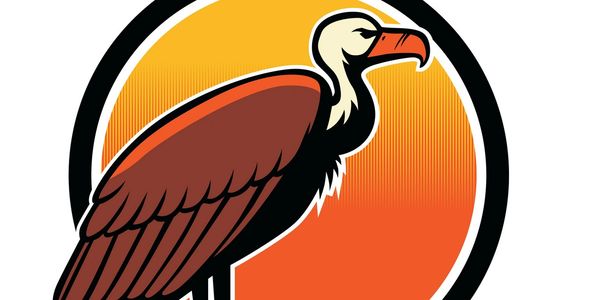 Stylized vulture illustration with brown wings and orange beak against a circular orange background.