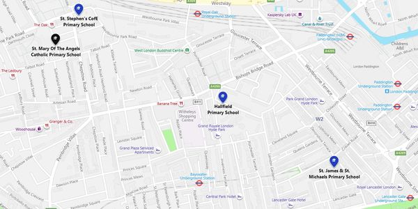 Map showing three primary schools in London with nearby landmarks and transport links.