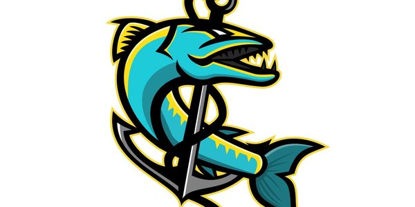 A fierce blue fish wrapped around a black anchor in a bold logo style.