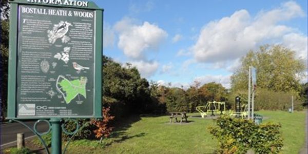 Information board at Bostall Heath &amp; Woods with playground and picnic area.