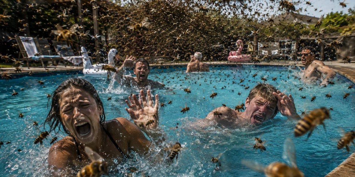 People in a pool being swarmed by bees.