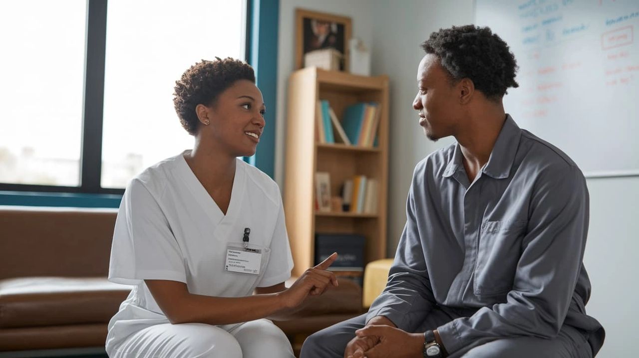 Mental Health Technician engaging in a supportive conversation with a patient in a therapy room, highlighting the importance of trust and connection in the Rediscover Mental Health initiative.