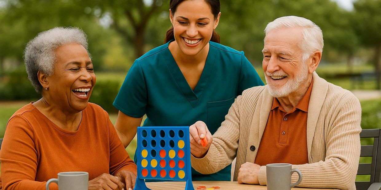 Elderly couple and caregiver enjoying a game of Connect Four outdoors.