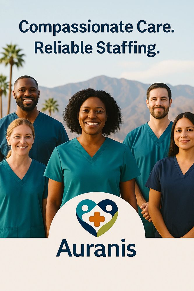 Smiling healthcare professionals promoting compassionate care and reliable staffing by Auranis.
