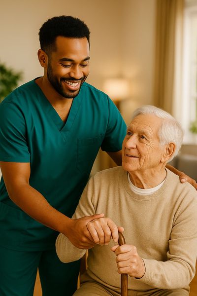 A caregiver warmly supports an elderly man holding a cane.