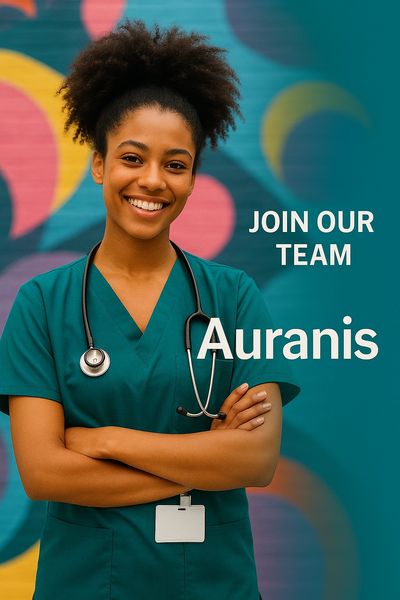 Smiling nurse in scrubs with stethoscope and text inviting to join Auranis team.
