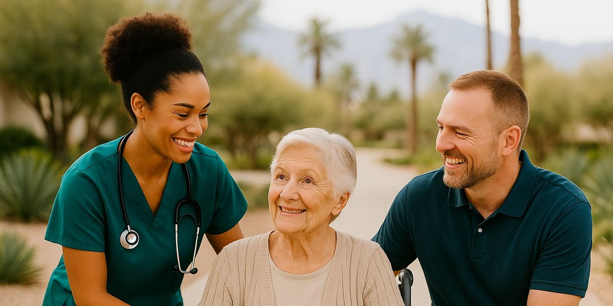 A nurse and a man happily assist an elderly woman in a wheelchair outdoors.