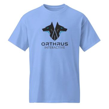 Light blue T-shirt with Orthrus Interactive logo.