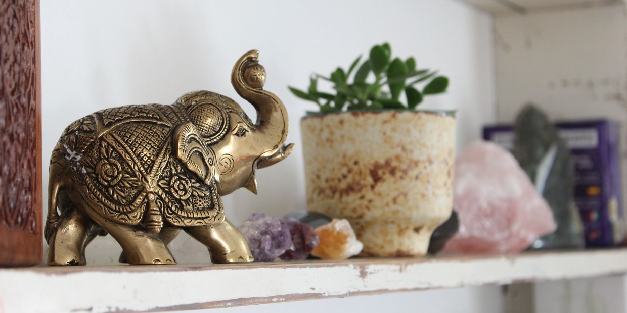 brass elephant on the shelf at Hawk Moon Healings Arts Odessa, Ontario