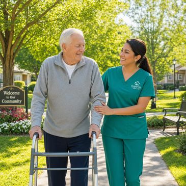 Caregiver assisting elderly man outdoors with walker.