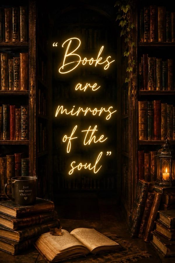 Books are mirrors of the soul quote glowing in a dark vintage library.