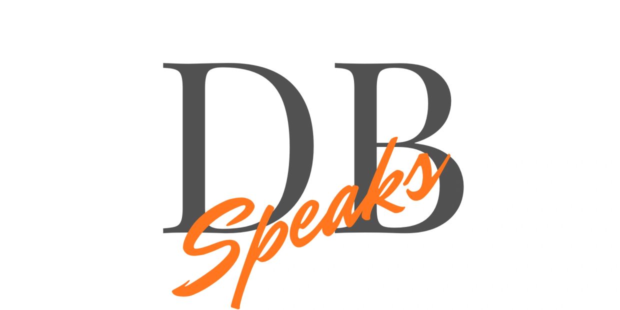 Logo with large gray letters DB and orange cursive 'Speaks'.