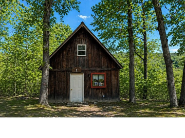 A rustic wooden cabin surrounded by tall trees under a clear blue sky.
