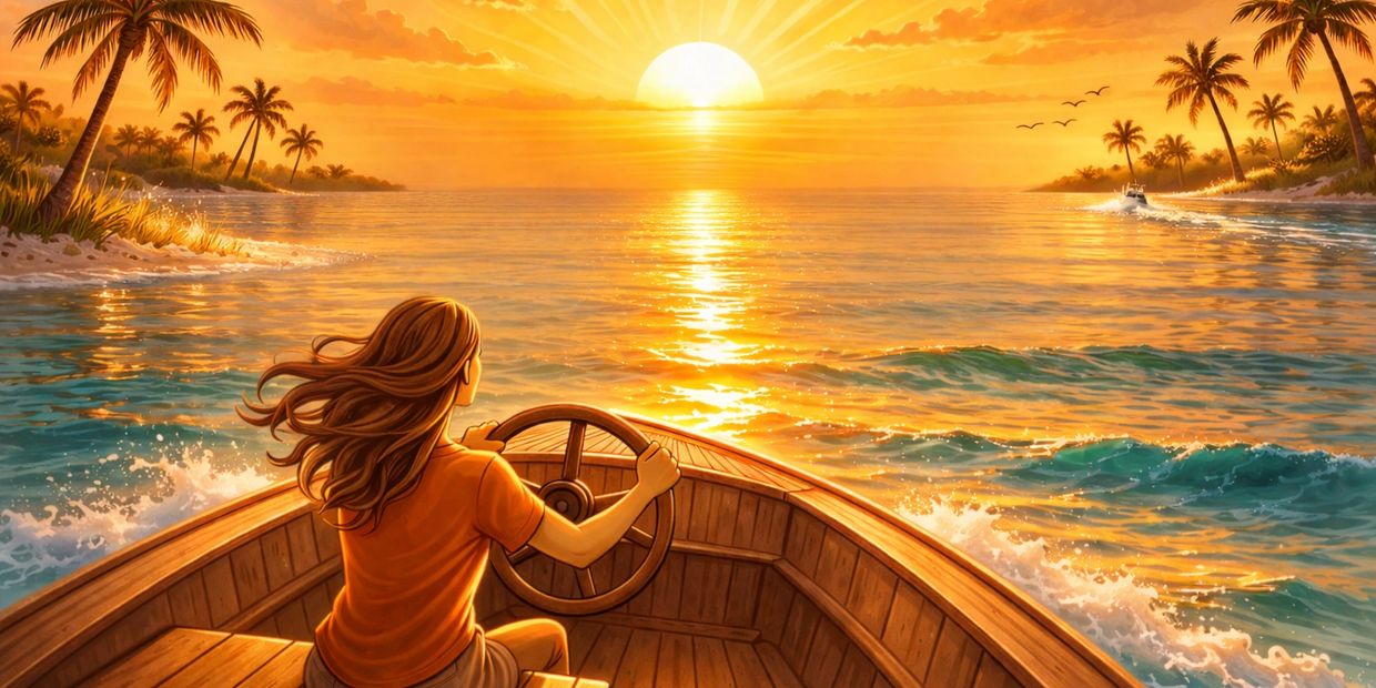 A person steering a boat towards a golden sunset over tropical waters.