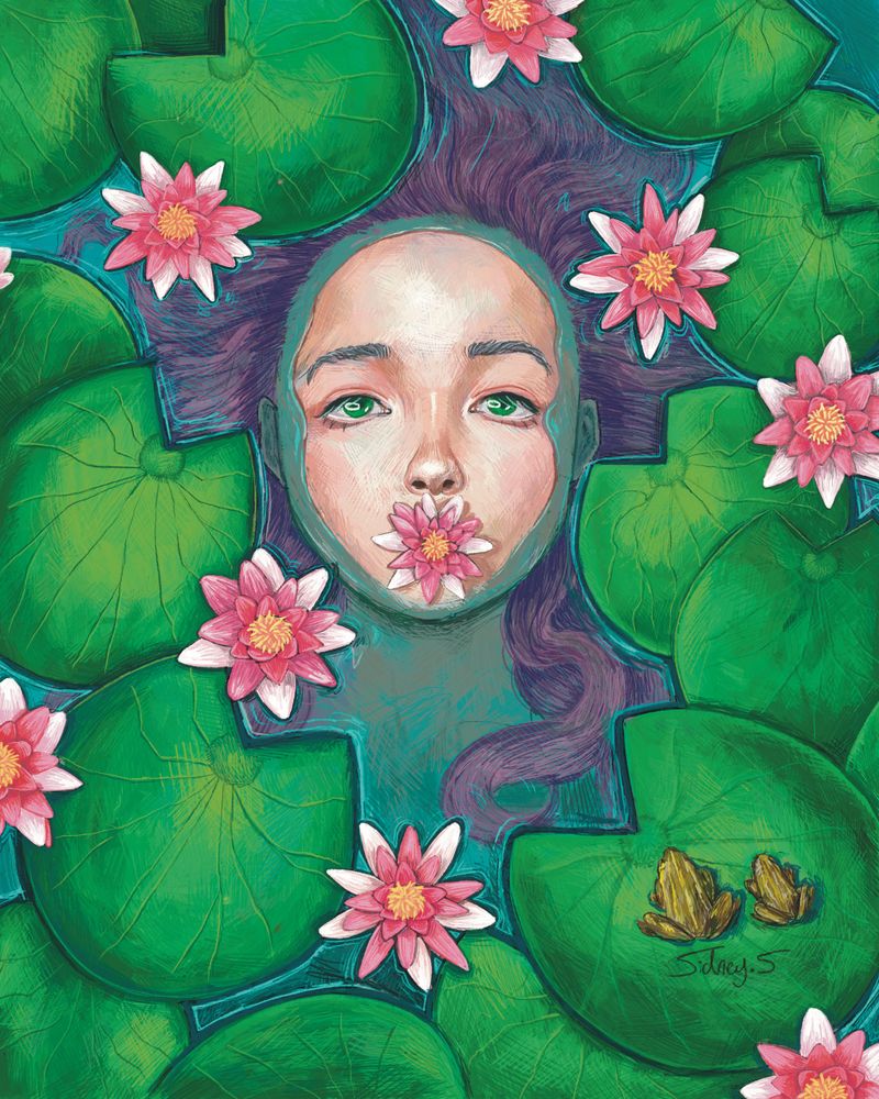 Girl floating in water around lily pads and flowers.