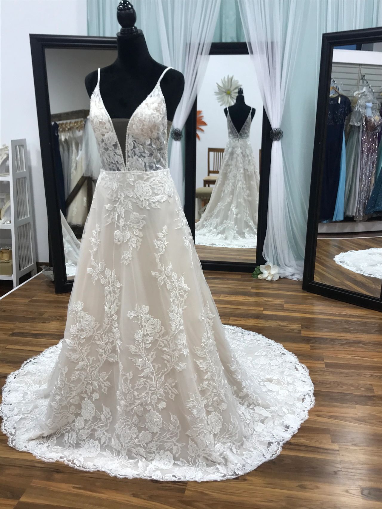 white christmas dresses Column Lace Wedding Dress with Champagne Satin and Ivory Floral Lace main image 0