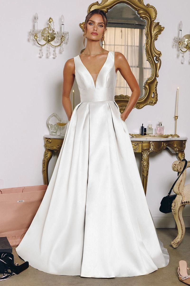 open lace back dress Fully embroidered box-pleated wedding dress with intricate lace (Sale) main image 1