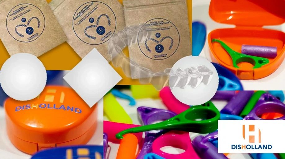 Productos y accesorios de Disholland para el cuidado dental.