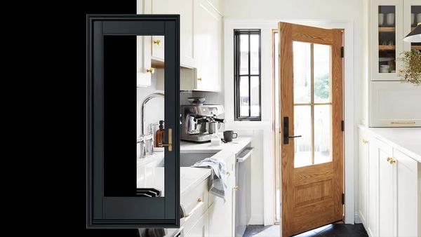 ABBA construction group oak entry door with three quarter glass and raised panel with black door