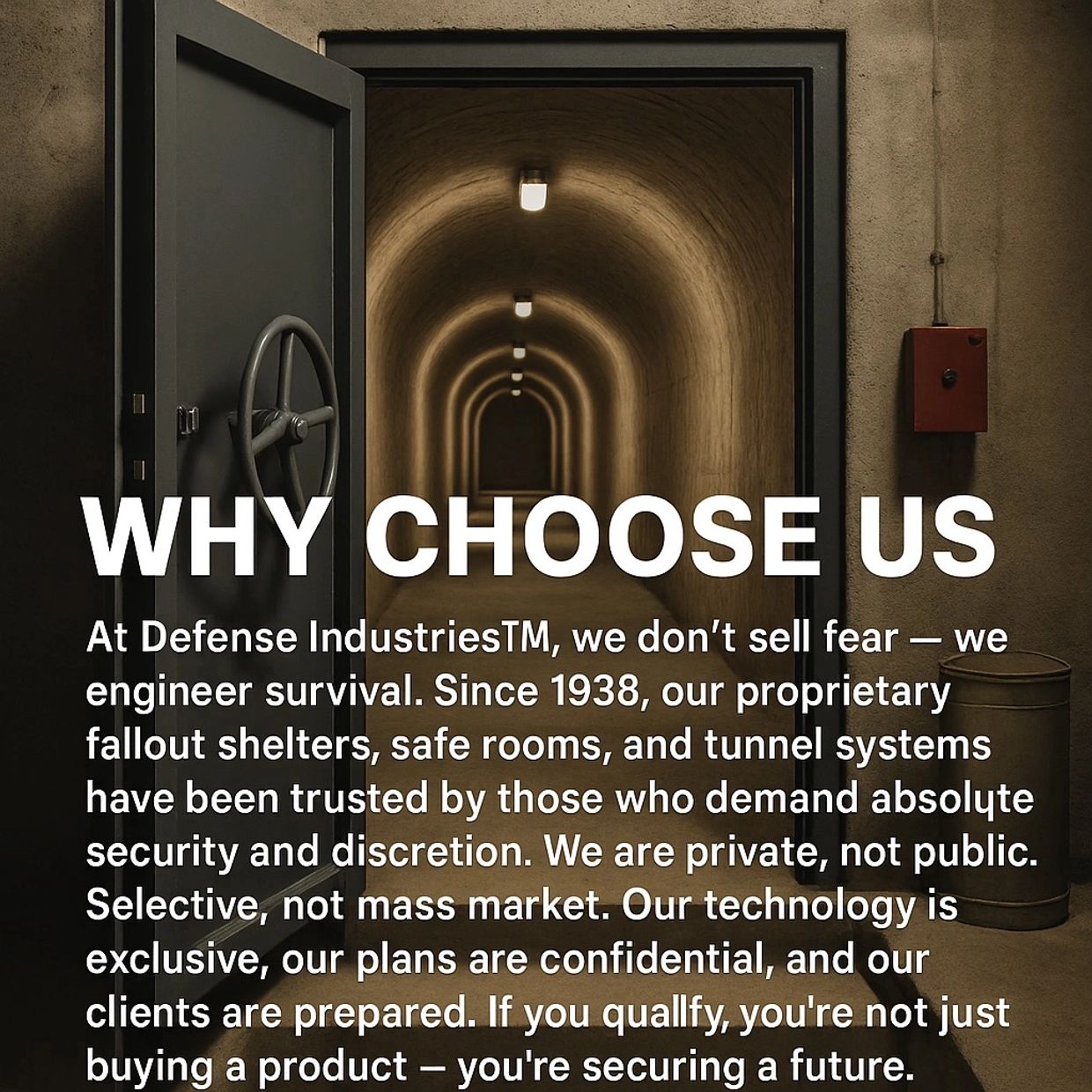 defense industries picture of a fallout shelter door that is open and shows a tunnel with lights. 