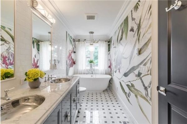 botanical mural bathroom with free standing tub, black and white art deco tile in stone harbor nj 
