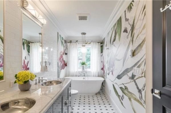 Botanical Mural in bathroom with black and white art deco tile, vanity with stainless steel sinks NJ