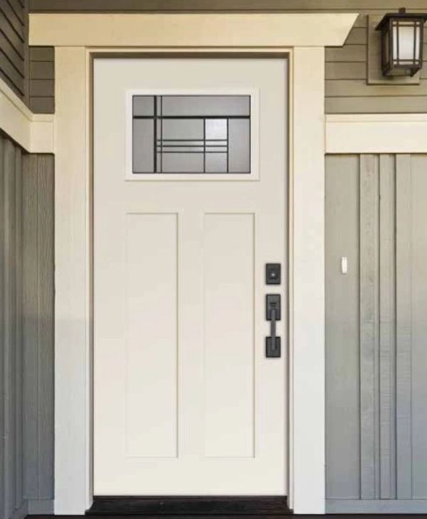 abba construction group trimlite craftsman doors with geometric stained glass with black caning