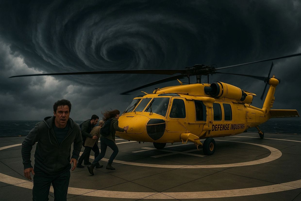 defense industries Blackhawk helicopter painted yellow with family evacuating due to ominous storm.