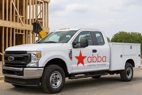 ABBA CONSTRUCTION GROUP FORD F350 SERVICE TRUCK WITH LOGO AT JOB SITE IN GALLOWAY NJ. 