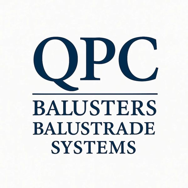 QPC logo with blue  times roman font.  "QPC Balusters & Balustrades Systems" Serving New Jersey
