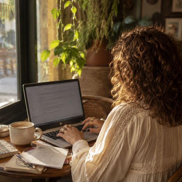 Woman working on laptop at a cozy café table with coffee and notebooks.