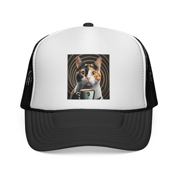 cat drinking coffee thinking hat