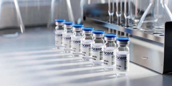 Row of vaccine vials labeled 'Ascent' on a lab counter with shadows.