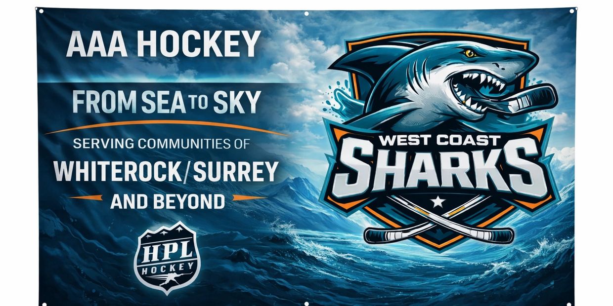 Banner for West Coast Sharks AAA hockey team serving White Rock and Surrey.