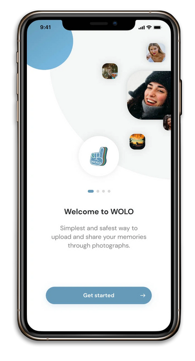 Welcome to WOLO screen in a mobile interface. A welcome screen for WOLO social media app.