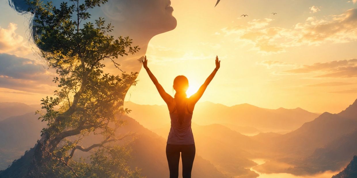 Person embracing sunrise with nature and woman's profile overlay.