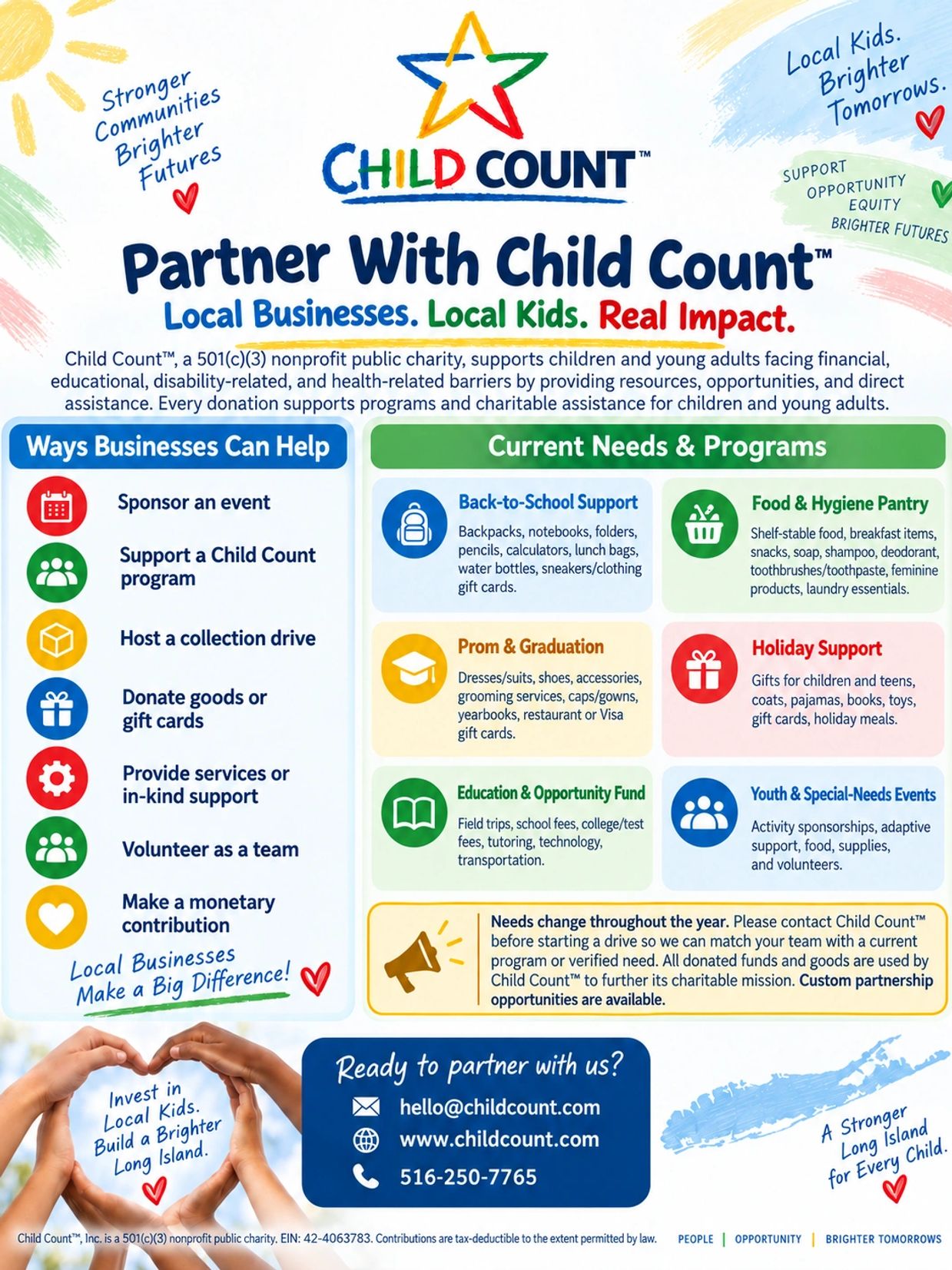 Child Count partners with local businesses to support children through donations and services.