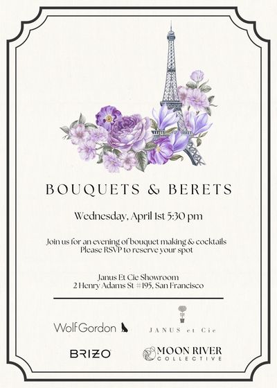 Elegant event invitation featuring flowers and the Eiffel Tower illustration.