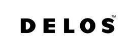 Black and white logo of DELOS with bold letters.