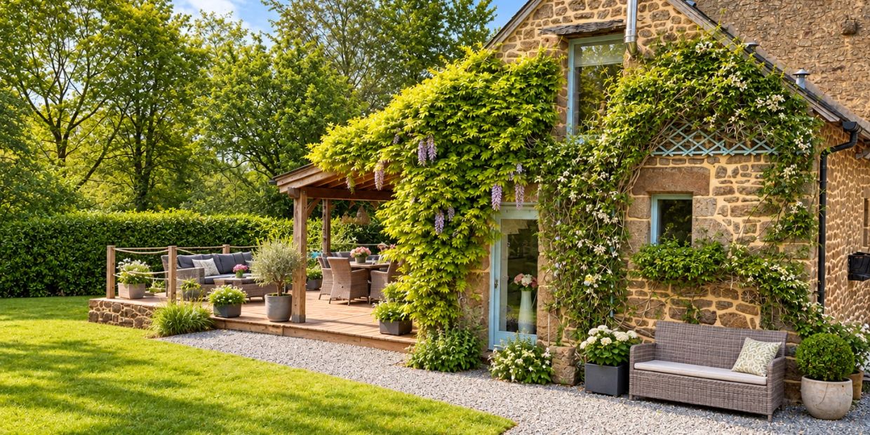 Charming stone cottage with lush greenery and outdoor seating.