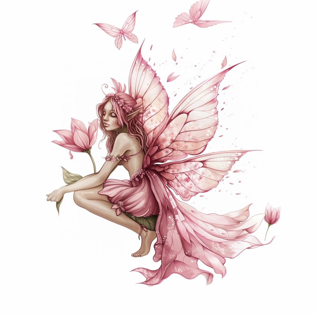 A delicate pink fairy with translucent wings holding a flower, surrounded by butterflies.