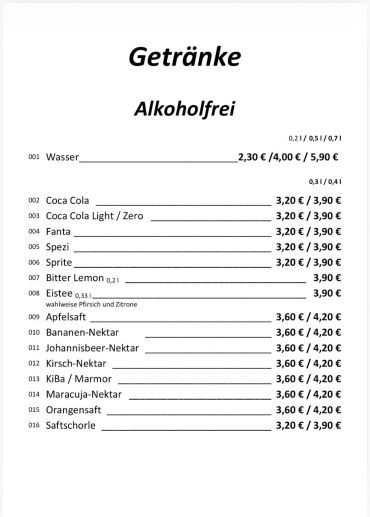 Getränkekarte mit alkoholfreien Getränken und Preisen.