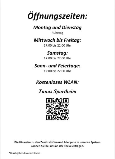 Öffnungszeiten und WLAN-Informationen mit QR-Code.