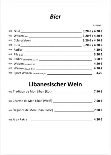 Getränkekarte mit Bier und libanesischem Wein.