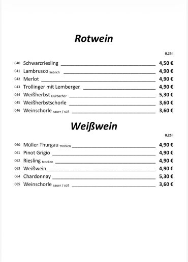 Weinpreisliste mit Rot- und Weißweinen.