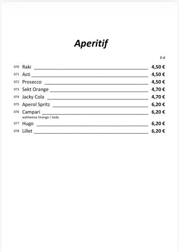 Preisliste für Aperitifs mit Getränken und Preisen.