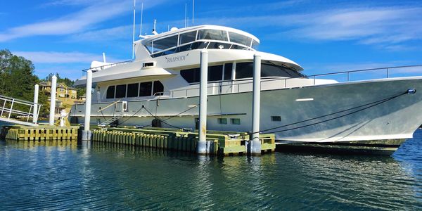 Heavy Duty timber floating dock, secured with 12" epoxy coated pipe piles.