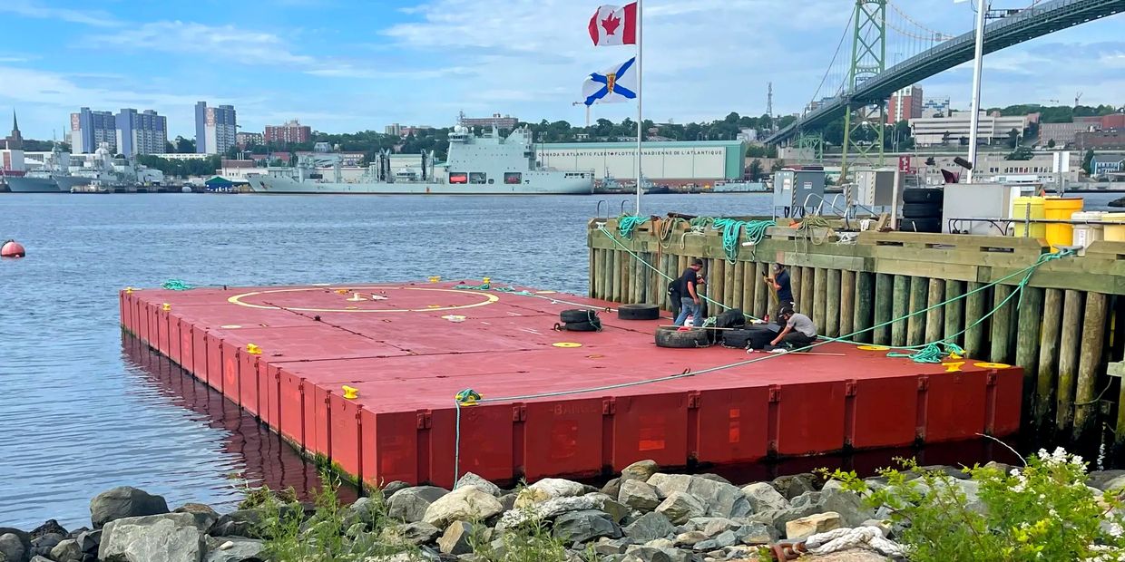 40' x 80' Sectional spud barge berthed at Eagle Beach Dartmouth Marine Facility.